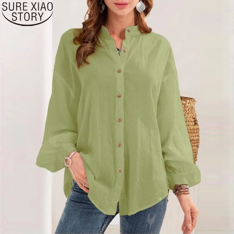 

Green Long Sleeve Blouse Women Tops Cotton Shirt Spring Autumn 2022 New Solid Cardigan Blusas Office Lady Loose Clothes 20335