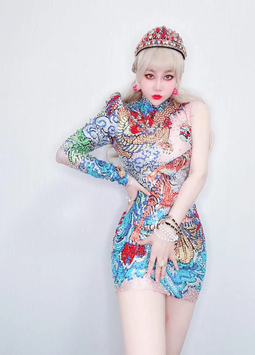 

Luxurious Women Sexy Short Dress Full Rhinestone Single Shoulder Birthday Party Stage Wear Celebrate Drag Queen Outfit