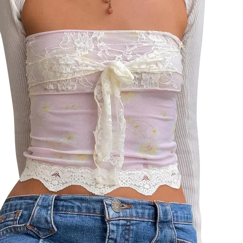 

New2022 Fairycore Tube Top y2k Aesthetic Floral Lace Patchwork Strapless Off Shoulder Tanks Women Grunge Crop Tshirt Streetwear