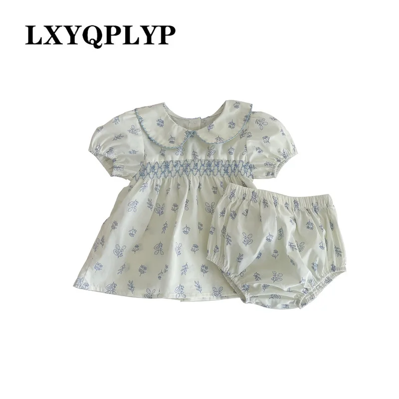 

2022 summer baby cotton suit baby girl floral doll collar short-sleeved top bread pants two-piece set baby girl clothes