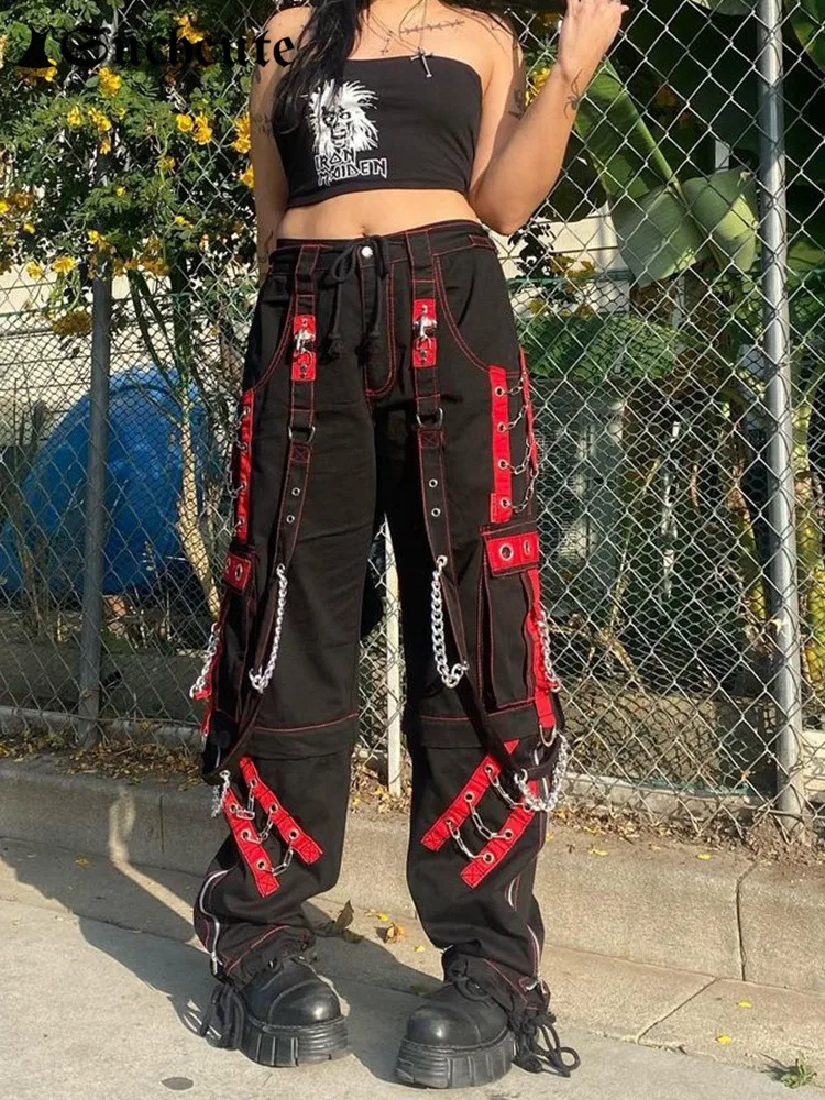 

SUCHCUTE Gothic Bandage Chain Women Pants Hip Hop Fairycore Vintage Trousers Punk Style Egirl Casual Streetwear Baggy Cloths 90s