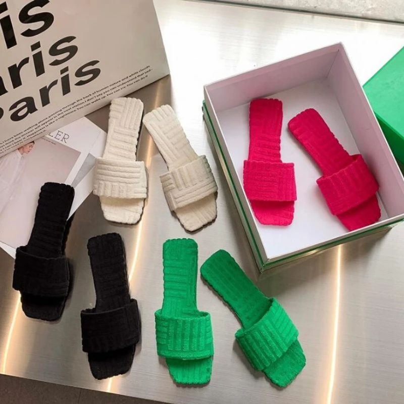 

Warm Towel Pattern Slippers 2022 Women New Embossed Cotton Drag Home All-match Sandals Candy Color Slippers
