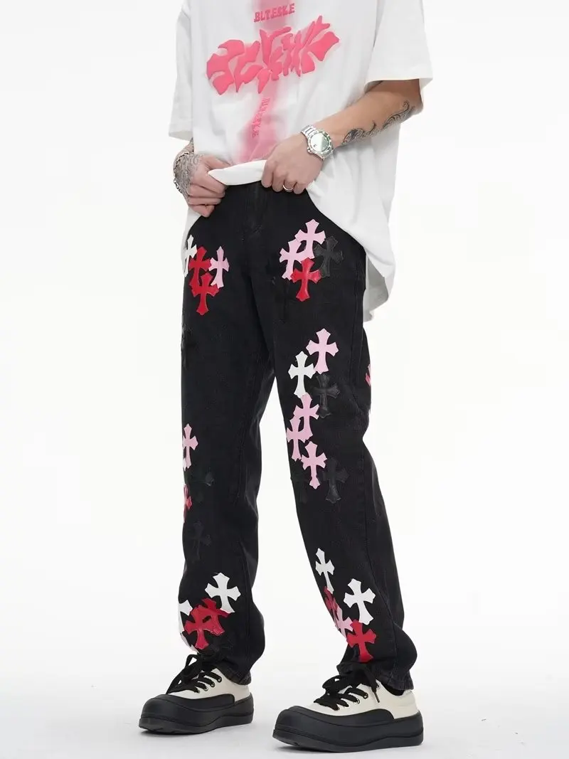 American Y2K jeans high street  PUleather cross  print washed jeans men ins trend retro Hip Hop High Street  Retro Wide Leg deni