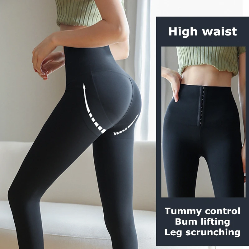Rows of Buckles Tight Thermal Leggings Women High Waist Seamless Fleece Lining Yoga Casual Pants Lambswool Warm Soft Winter Pant