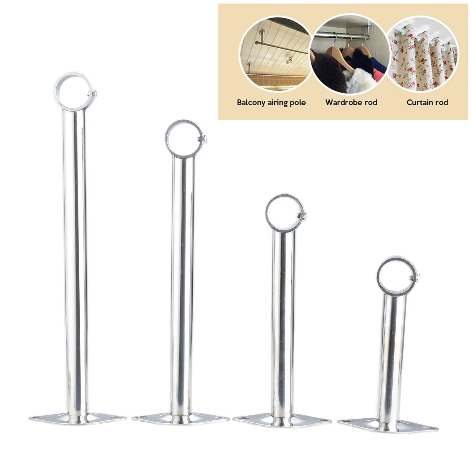 

2pcs Stainless Steel Tube Wardrobe Flange Base Rail Support Bracket 25mm Curtain Rod Socket With Screws 150/200/250/300mm