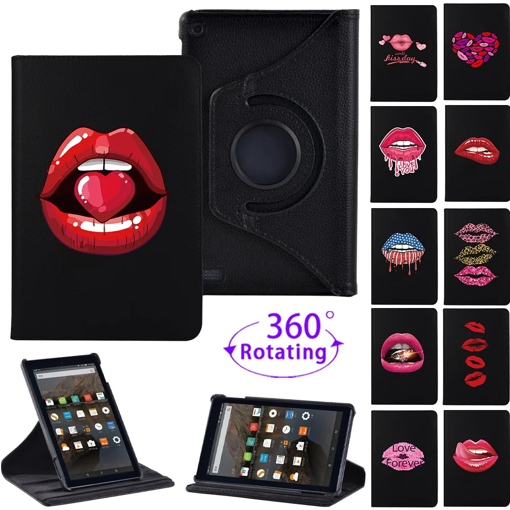 

360 Degree Rotating Tablet Case for Fire 7 5th Gen/Fire 7 7th Gen/Fire 7 9th Gen Mouth Pattern Anti-drop Pu Leather Stand Cover