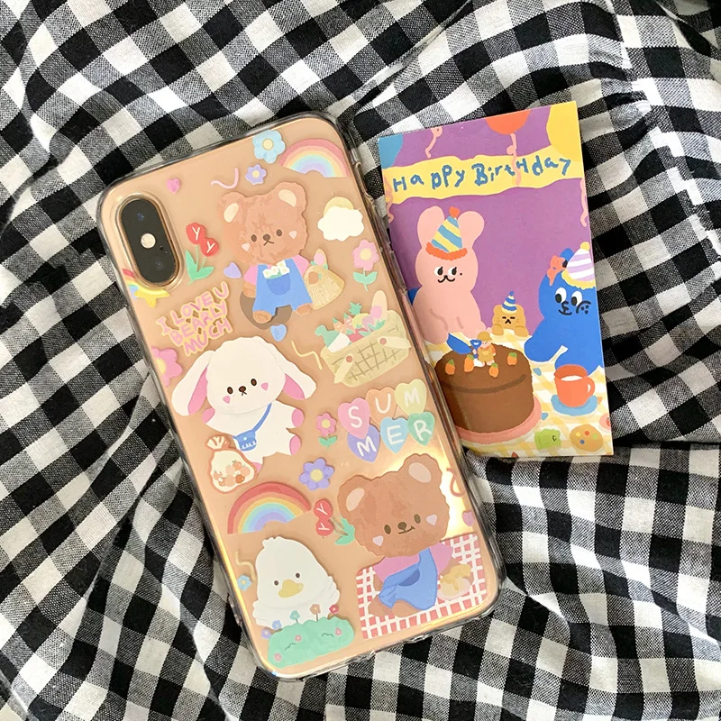 

INS Rainbow Bear Phone Case Cartoon Tansparent Decor TPU Cute Phone Case For iphone 13 12 11 Pro X XR XS Max Protection Case