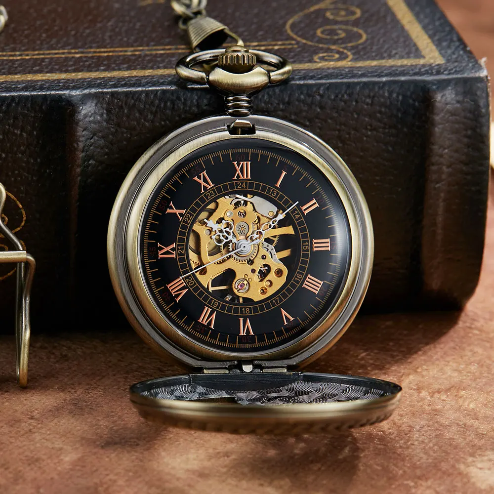 Bronze Hollow Unique Dragon Phoenix Sculpture Mechanical Retro Pocket Watch Luckly Symbol Roman Skeleton Mechanical Pocket Watch