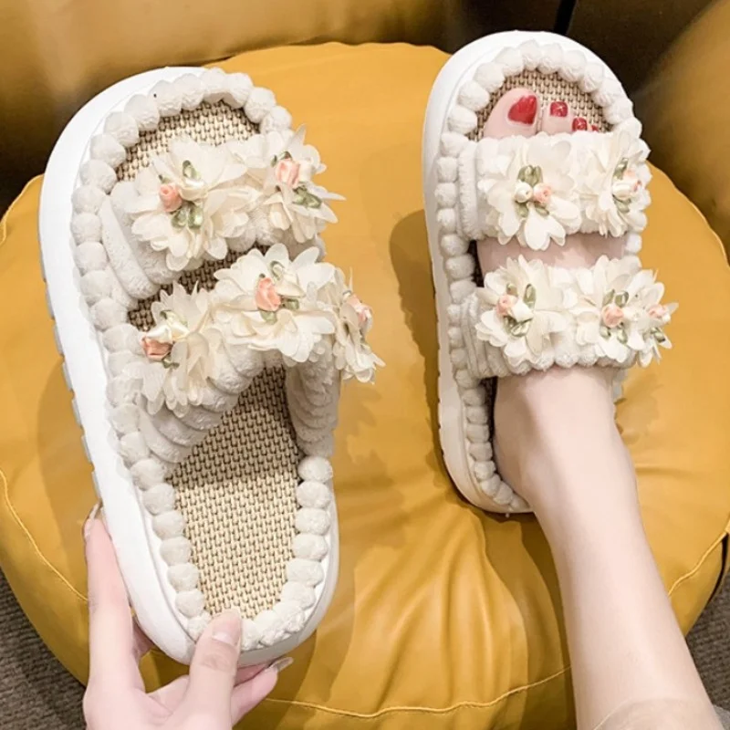 Women Thick-soled Flower Decor Sandals Summer Leisure Open Toe Sweet Lovely Outdoor Beach Slides Platform Soft Comfy Linen Shoes