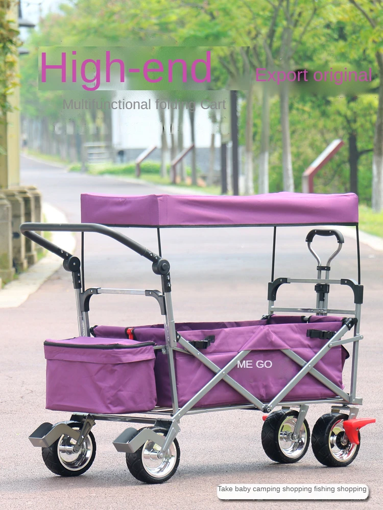 

Extra Large Collapsible Garden Cart/Wagon with Removable Canopy Baby Outdoor Stroller Brake Function Big Wheels and Canopy