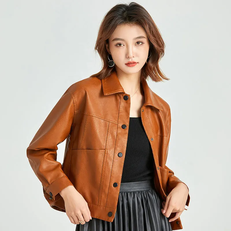 2022 Spring  Autumn Women's Leather Jacket Short Thin Fashionable Motorcycle Jacket  Single Breasted Faux Leather Leather Suede