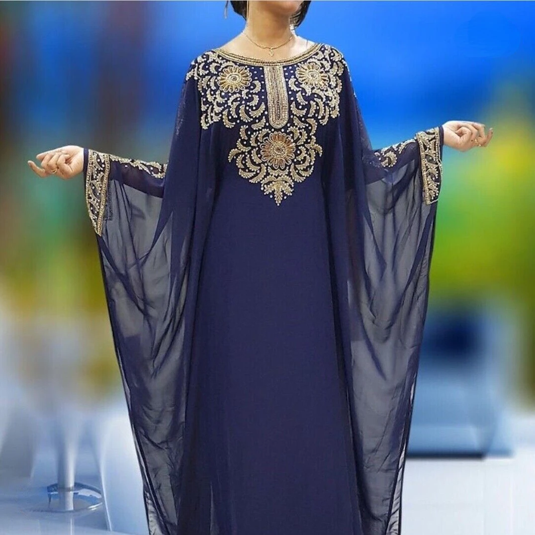 Navy Robe Fashion Decal Decoration Kaftans Farasha Abaya Embroidery Dress Very Fancy Long Gown