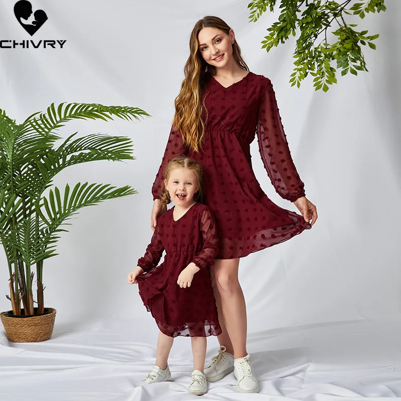 

Chivry New Mother Daughter Summer Dresses V Neck Long Sleeve Beach Chiffon Dress Mom Mommy and Me Dress Family Matching Outfits