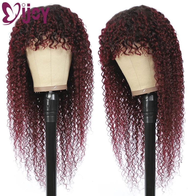 Ombre 99J/Burgundy Kinky Curly Human Hair Wigs With Bangs For Women Brazilian Non-Remy Hair Full Machine Made Wig IJOY