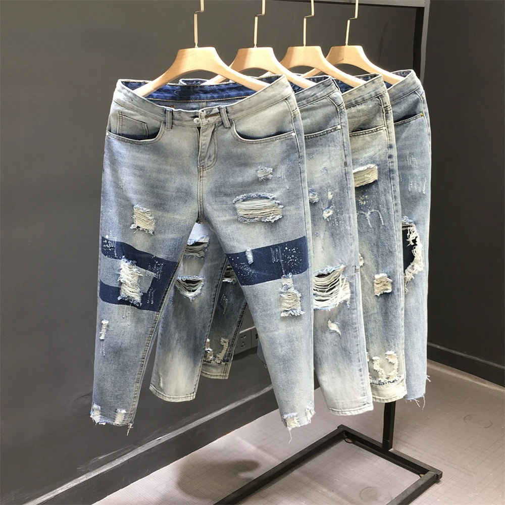 Lubang Jeans Pria dan Wanita Musim Panas 2023 Pinggang Tinggi Warna Tipis Denim Lurus Longgar  Semata Kaki Jeans Pria dan Wanita