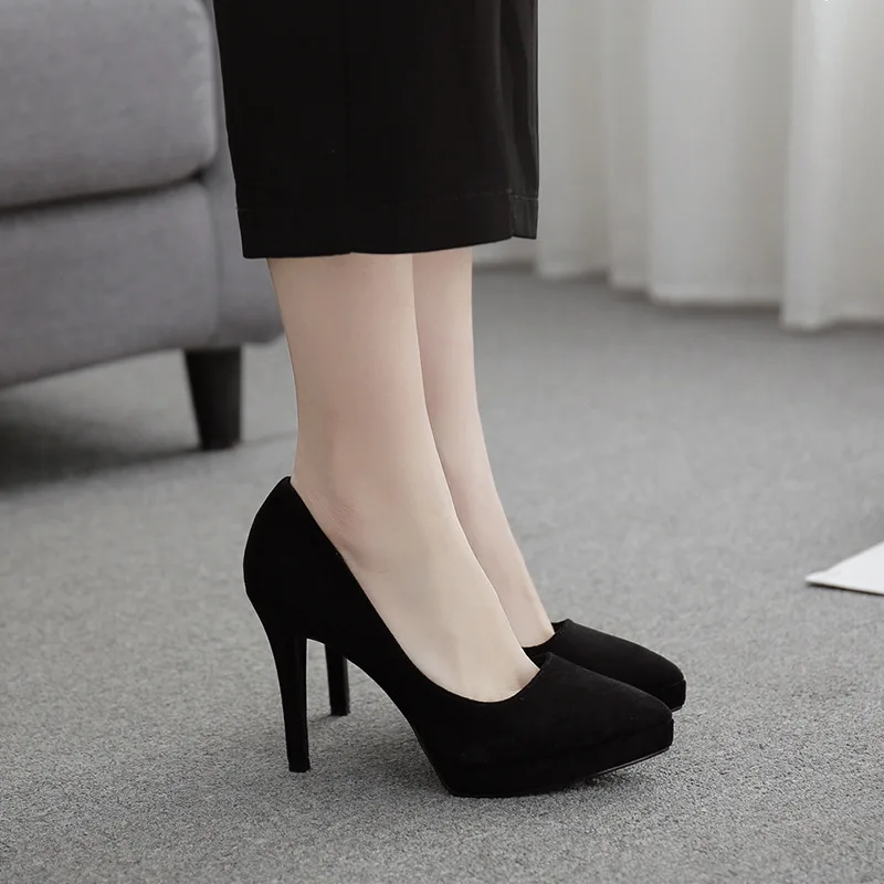 

Luxury Women Pumps Spring Autumn Slip-On Pointed Toe Flock 10.5CM Thin Heels Neutral Office Career Women Shoes Black