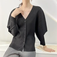 2022 spring v neck single breasted jacket women long sleeve solid loose casual miyak pleated thin outerwear female clothing
