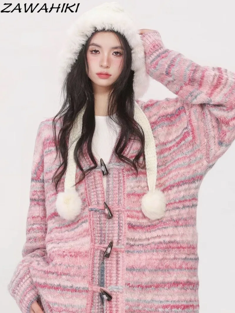 

Женский трикотажный кардиган на пуговицах, свободный свитер контрастных цветов в полоску, с V-образным вырезом, Осень-зима