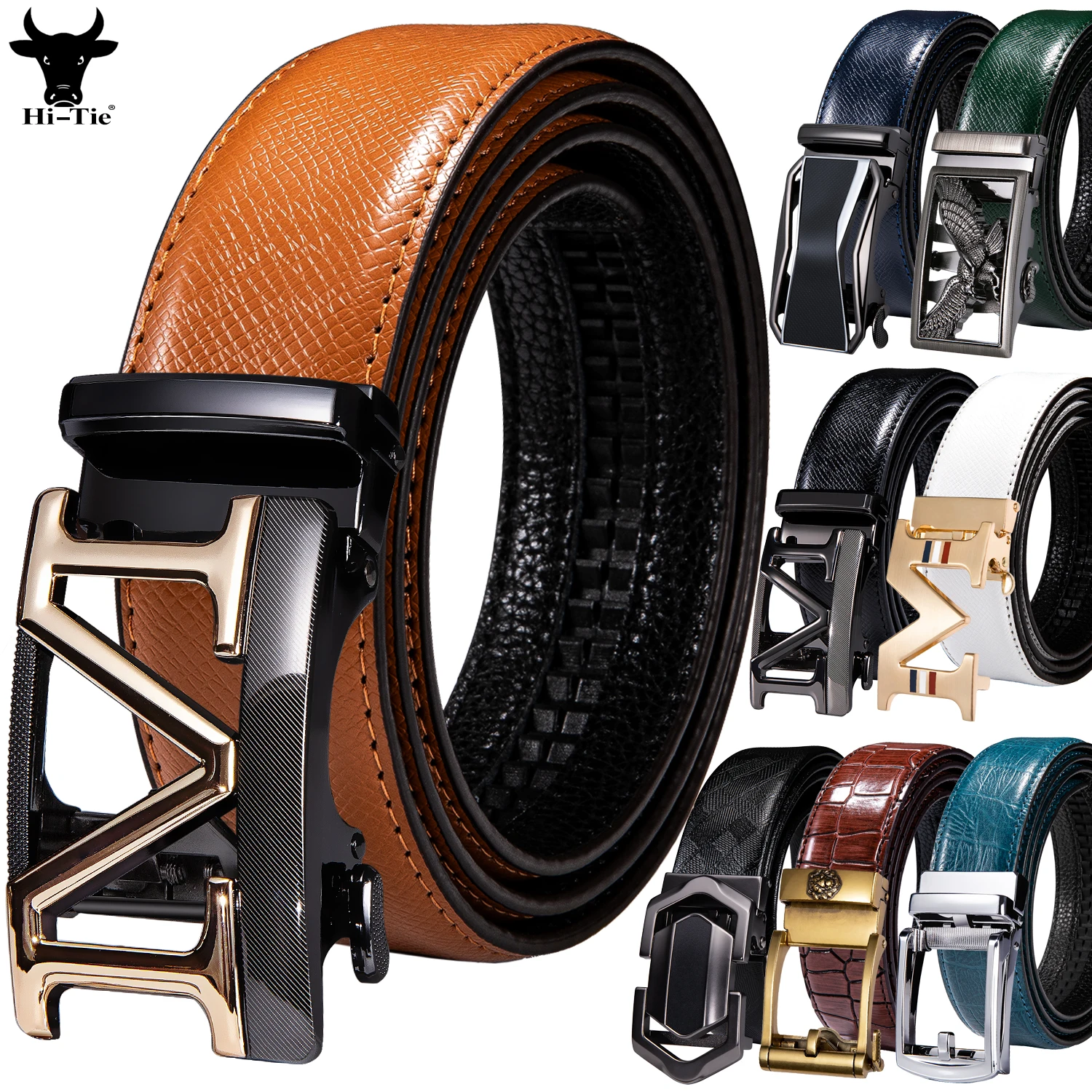

Hi-Tie 7 Colors Mens Belts Ratchet Waistband Automatic Buckles 3.5cm Width Leather Belt for Men Dress Jeans Casual Formal Gift