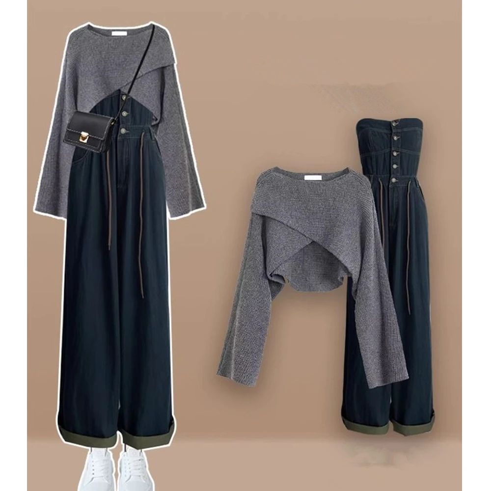 Женский джинсовый комбинезон однотонный короткий свитер с перекрестными