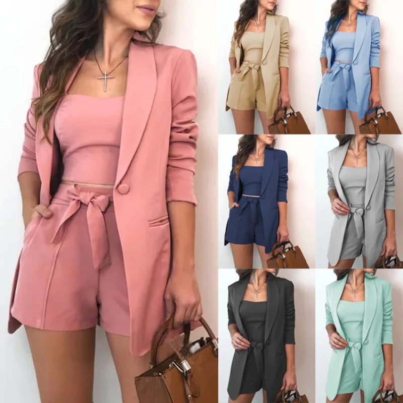 

New 2022 High Waist Lace-up Shorts Three-piece Summer Ladies Suit Solid Color Camisole Suit Jacket Fashionable Temperament