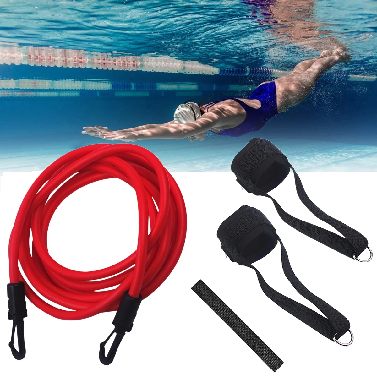 

2M-4M Swimming Resistance Training Elastic Rope Belt Cord Swim Pool Leash Swimmer Ankle Strap Tether for Kids and Adults