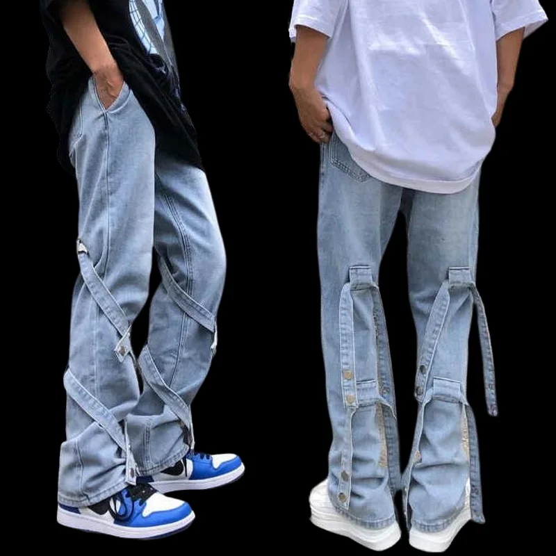 

Punk Flared Jeans For Men Gothic Denim Trousers Male Goth Bell Bottom Jeans Streetwear Hip Hop Pants