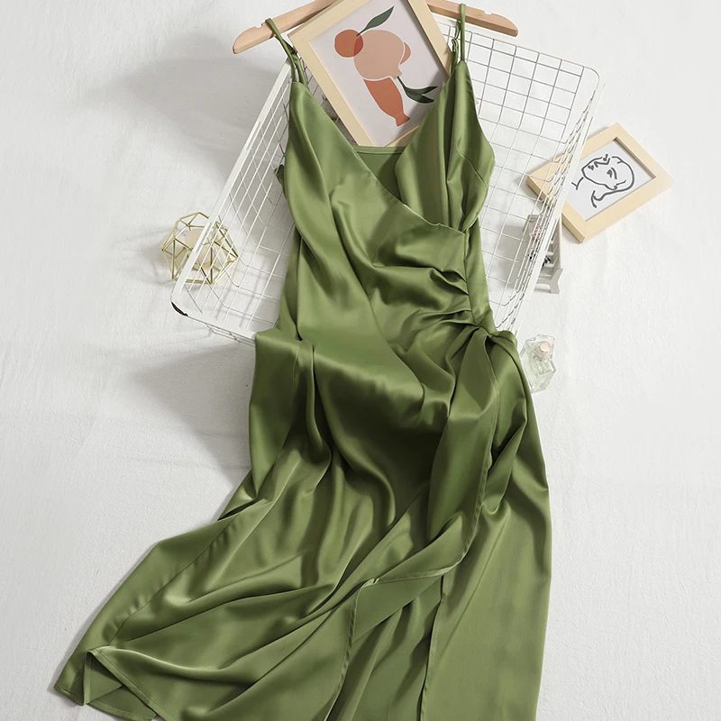 

Slim V-Neck Spaghetti Strap Women Dresses New Temperament Wild Folds Split Long Dress Solid Sleeveless High Waist A-Line Frock