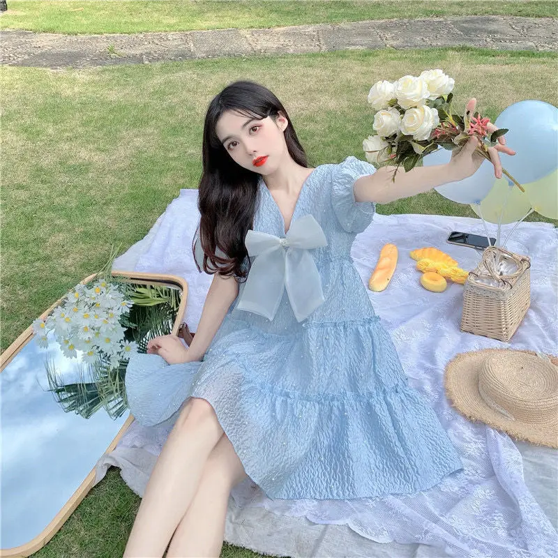 

Bowtie Dress 2023 Summer New Fashionable Age Reducing French Bubble Sleeves Sweet Princess Fairy Children