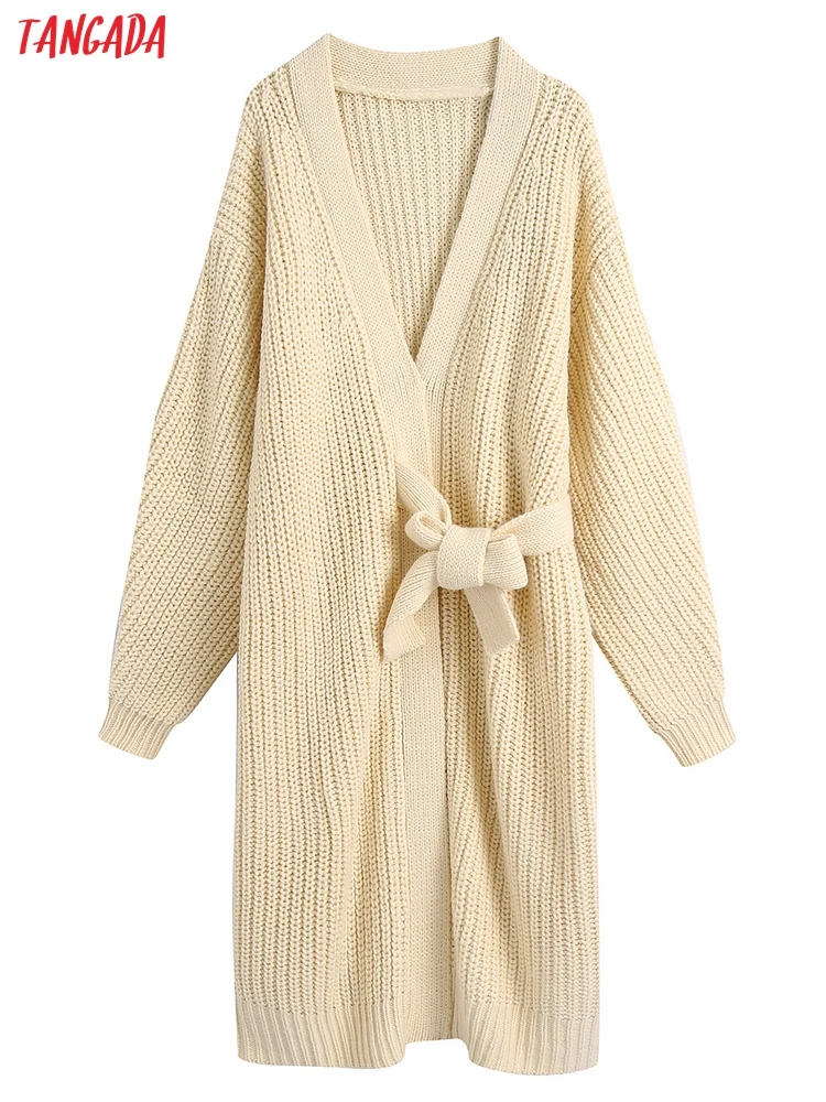 

Женский длинный кардиган с бантом Tangada, элегантный винтажный джемпер, вязаный кардиган оверсайз, BE393, 2021