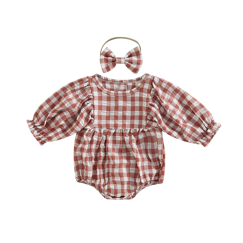 

Txlixc Infant Baby Girls Romper Plaid Round Neck Long Sleeve Jumpsuits Autumn Winter Casual Bodysuits with Bow Headband