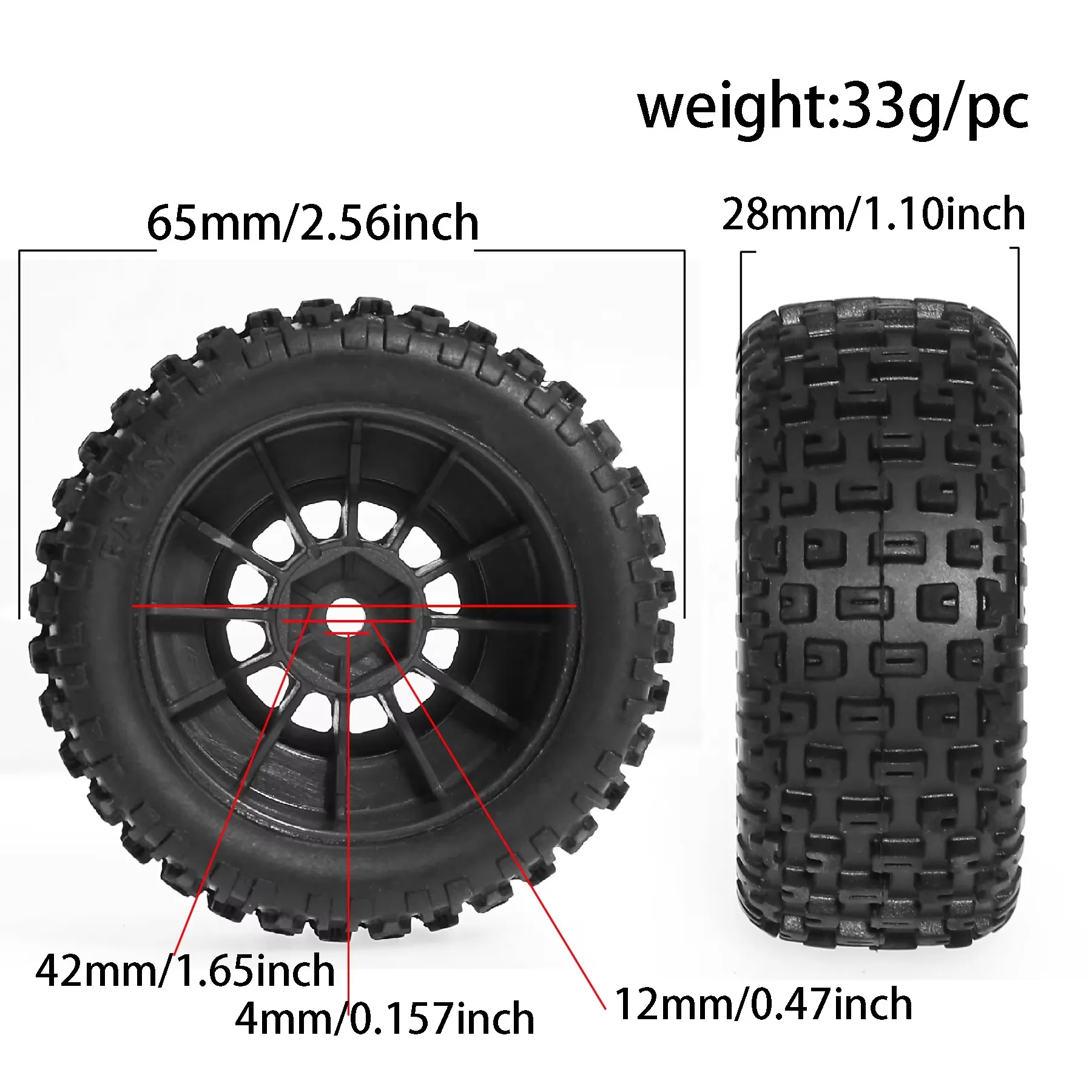 Фото Резиновые шины Rc 4, 65 мм, шестиугольные пластиковые колеса 12 мм для Wltoys Arrma 1/14 Mini Mojave Grom Mjx Hyper 14301 №4