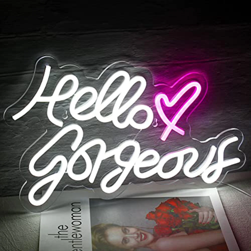 Neon Sign Hello Gorgeous Transparent Acrylic LED Light Sign Wedding Engagement Banquet Party Home Bedroom Warm Wall Backgro