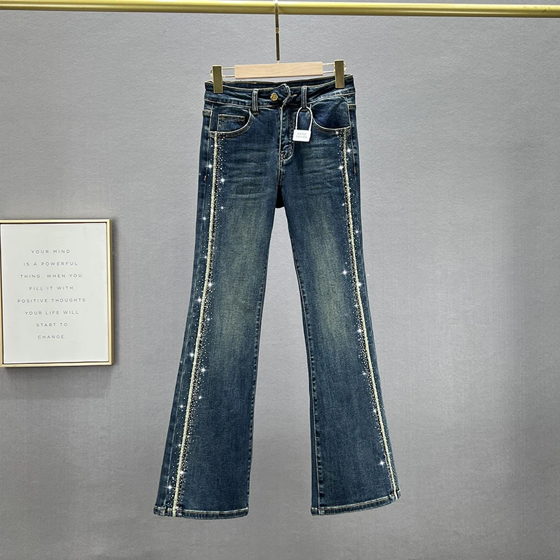 

Women's Fashion Jeans 2023 New Autumn Stretch Denim Trousers High Waist Slim Hot Drilling Flare Pants Washed Skinny Sexy Jean