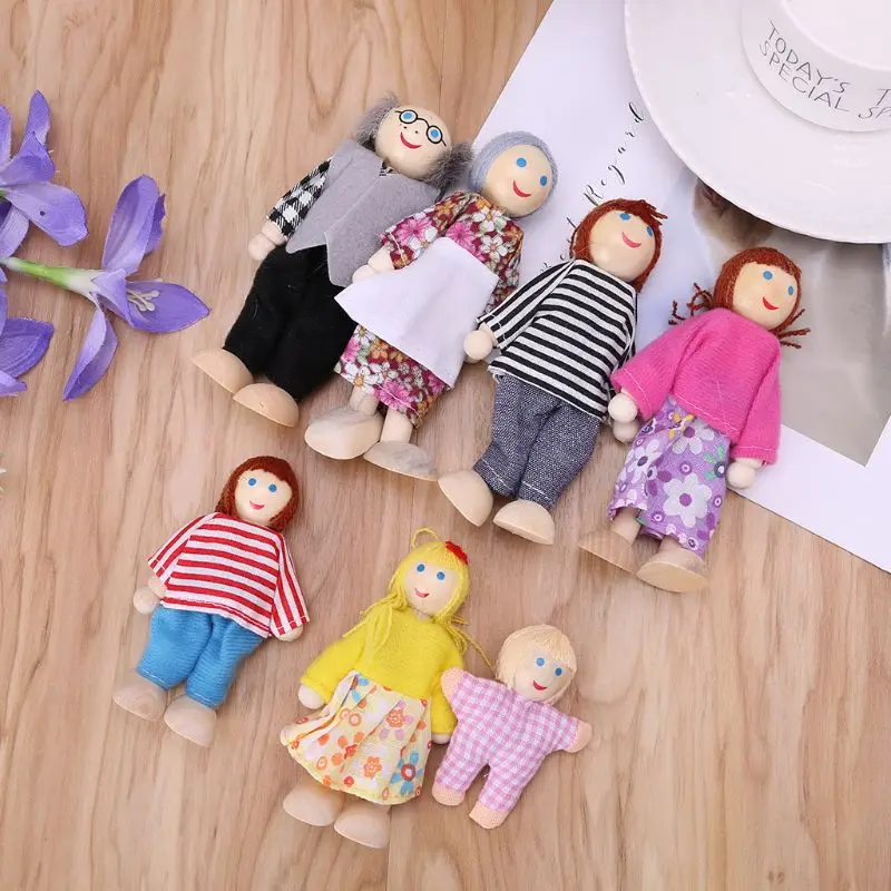 

7pcs/set Happy House Family Dolls Wooden Figures Characters Dressed Kids Girls L