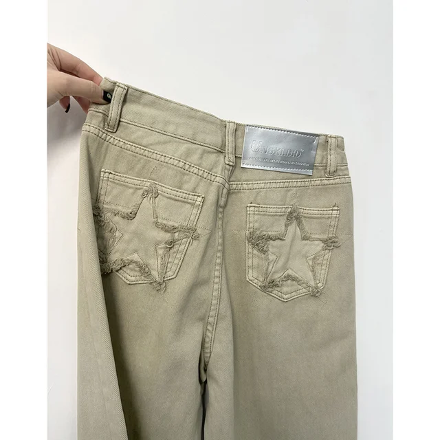 Women's Khaki Wide Leg Jeans Star Pocket Vintage Straight Pants High Waist Baggy Streetwear Casual Brown Denim Trouser Ladies 1