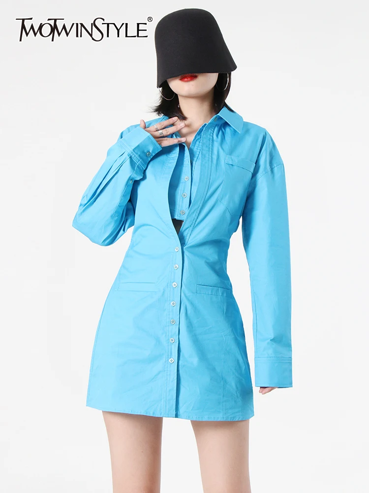 

TWOTWINSTYLE Sexy Cut Out Fake Two Piece Dress For Women Lapel Long Sleeve High Waist Solid Minimalist Mini Dresses Female Style