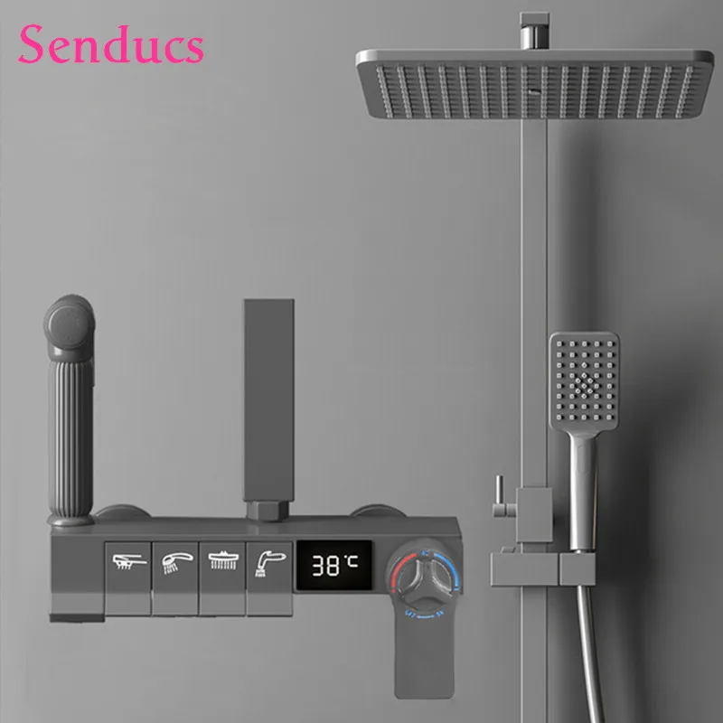

Popular Gray Digital Bathroom Shower Sets Faucets Constant Temperature Rainfall Bathroom Shower Systems Waterfall Bathtub Taps