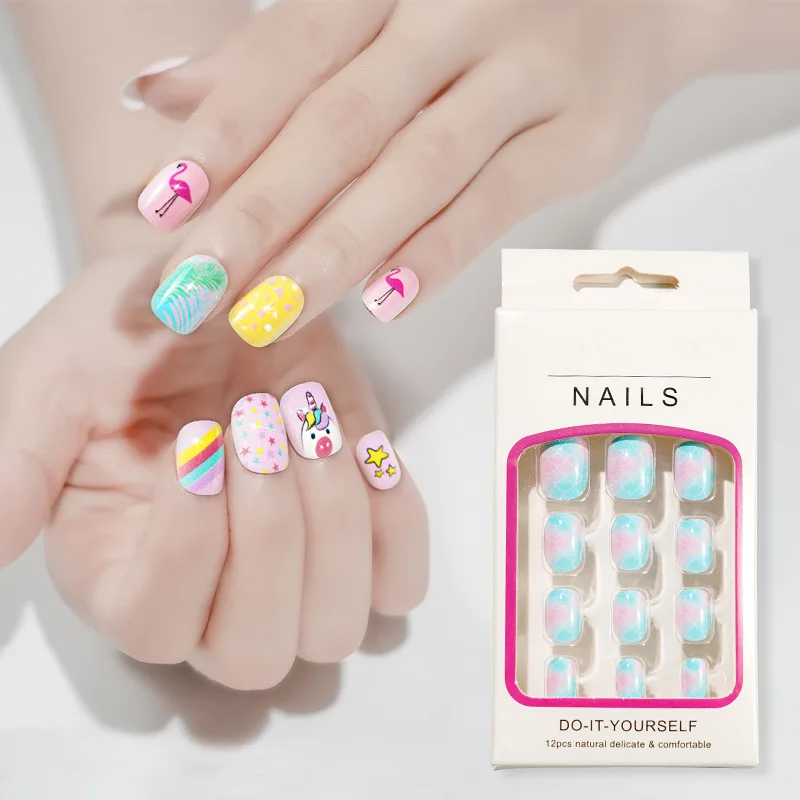 

12Pcs Children's False Nails Set Wearable Finished Nail Art Patch for Children Fake Nail Full Cover Press On Nails Tips