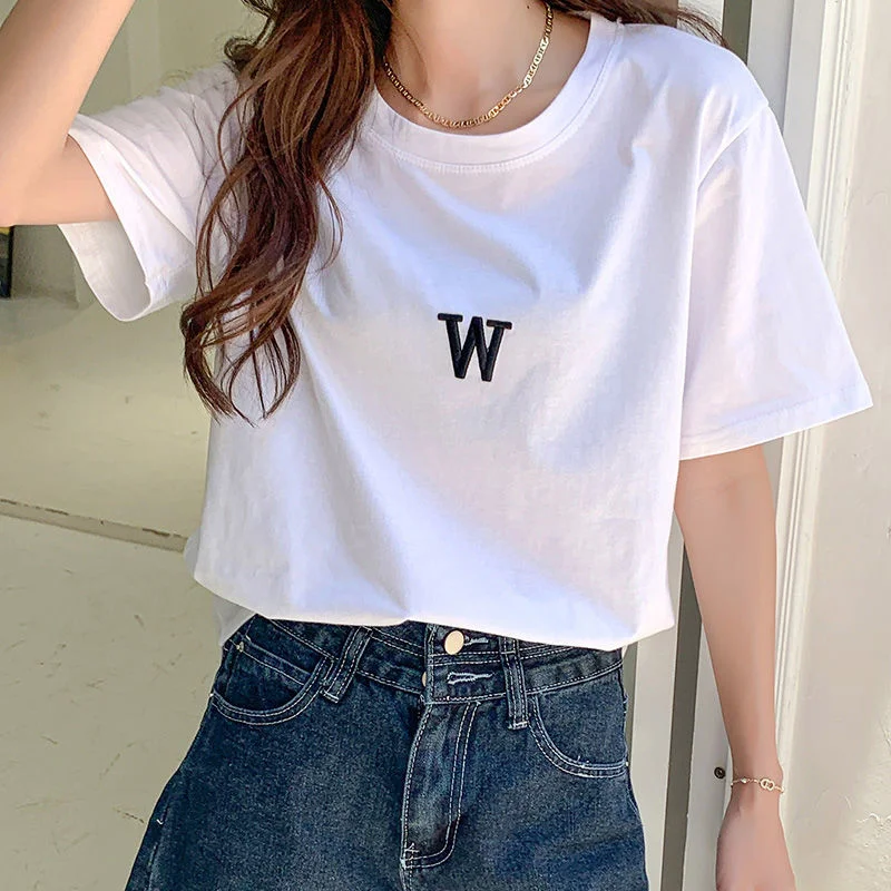 

White Short Sleeve T-shirt Women's 2022 Summer New Versatile Cotton Ins Minority Letter Embroidery Half Sleeve Top