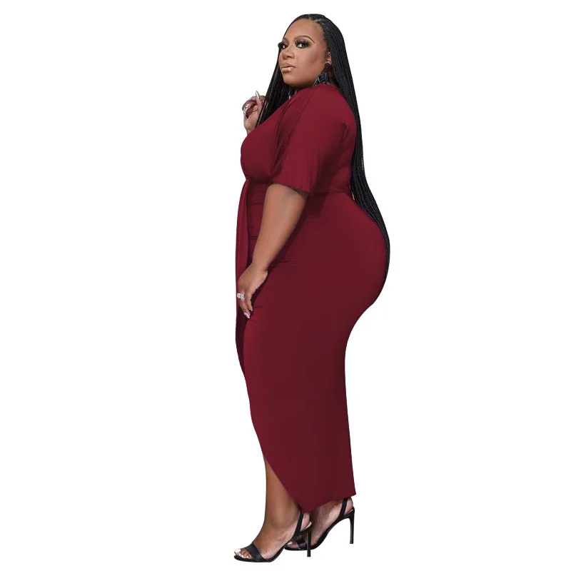 Summer Solid Color V-neck Split Plus Size Dress Fashion Temperament Half-sleeve Irregular Professional Women's Wholesale
