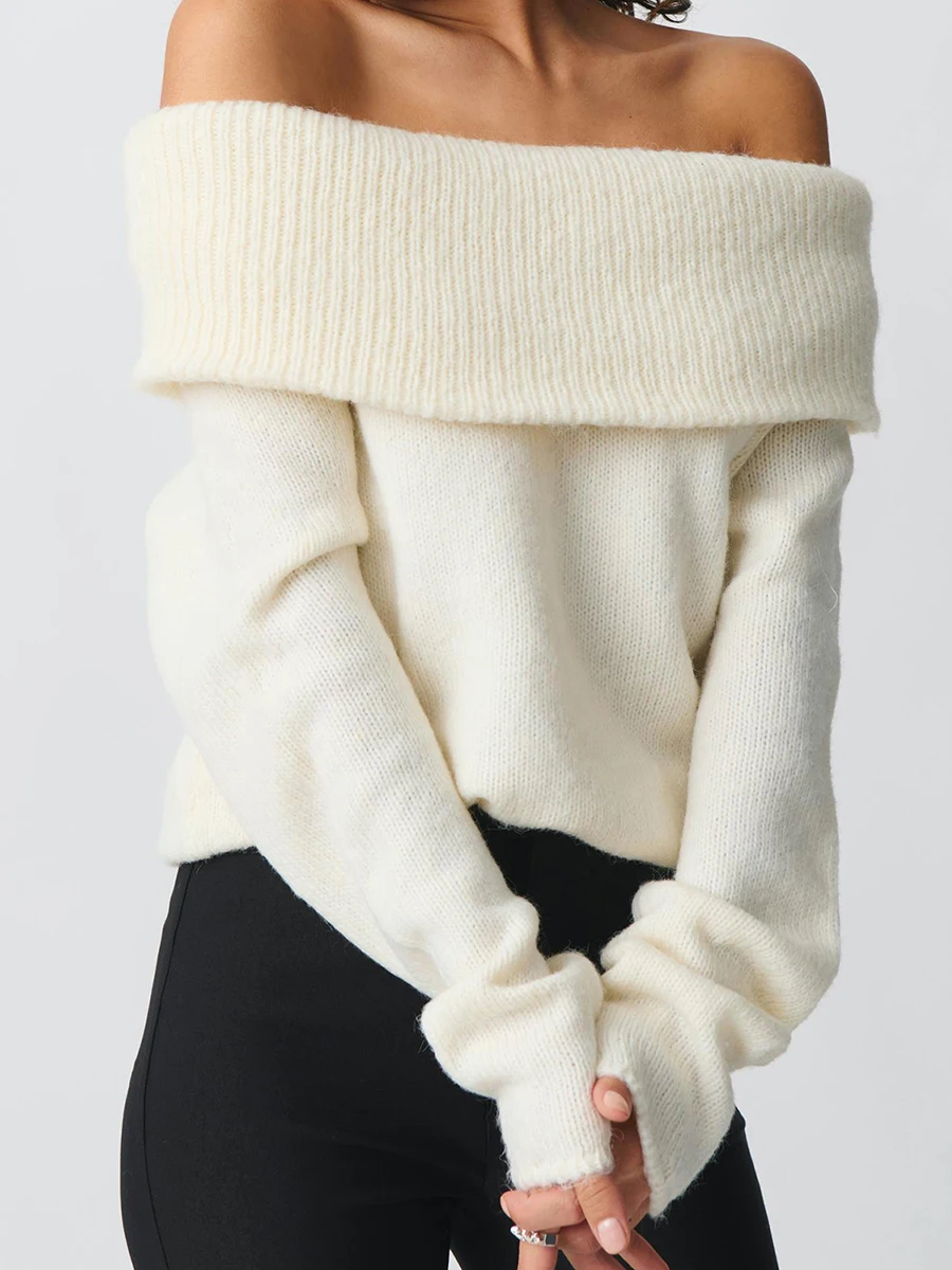 Женские свитера с открытыми плечами и длинными рукавами в рубчик осенние топы на