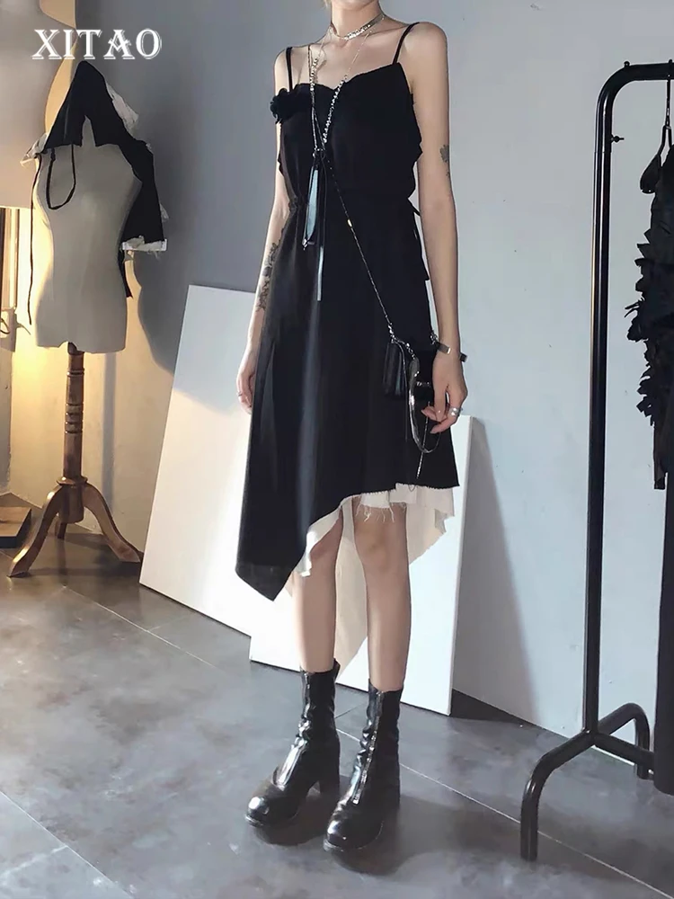 

XITAO Asymmetrical Strap Dress Contrast Color Patchwork Women Fashion Simplicity Temperament Sleeveless Women Dress FBB1484