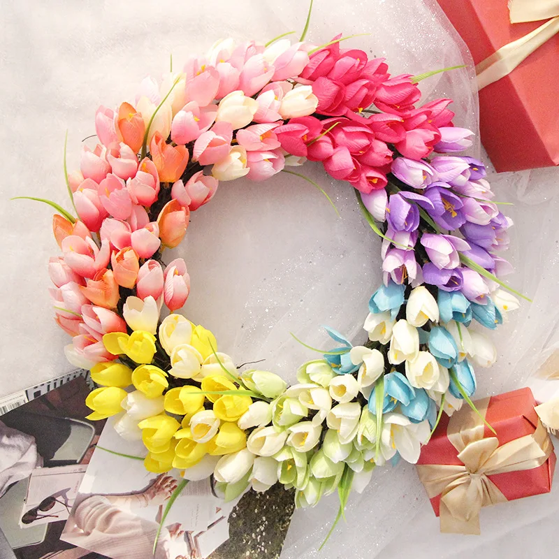 

New Rainbow Tulip Wreath Pendant Valentine's Day Easter Decoration Door Hanging