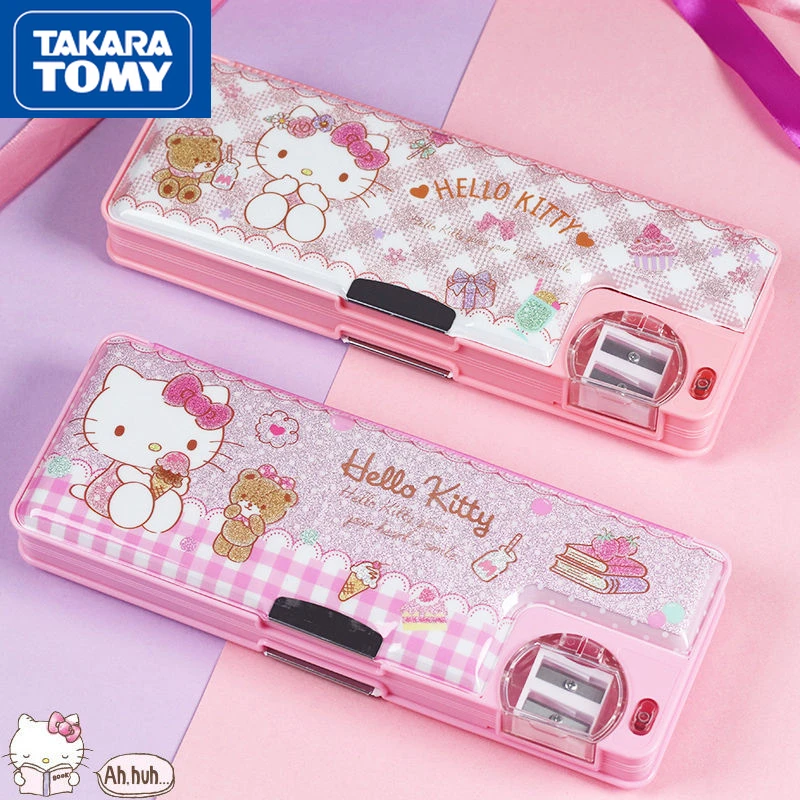

TAKARA TOMY Hello Kitty двойная открывающаяся коробка для канцелярских принадлежностей многофункциональная коробка для ручек с точилкой для каранда...