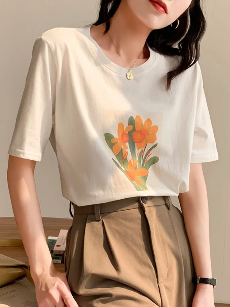 

2022 Summer White Short Sleeve T-shirt Women Korean Cotton Printed Aesthetic Loose Basic Tshirt Vintage Streetwear Tops Tees