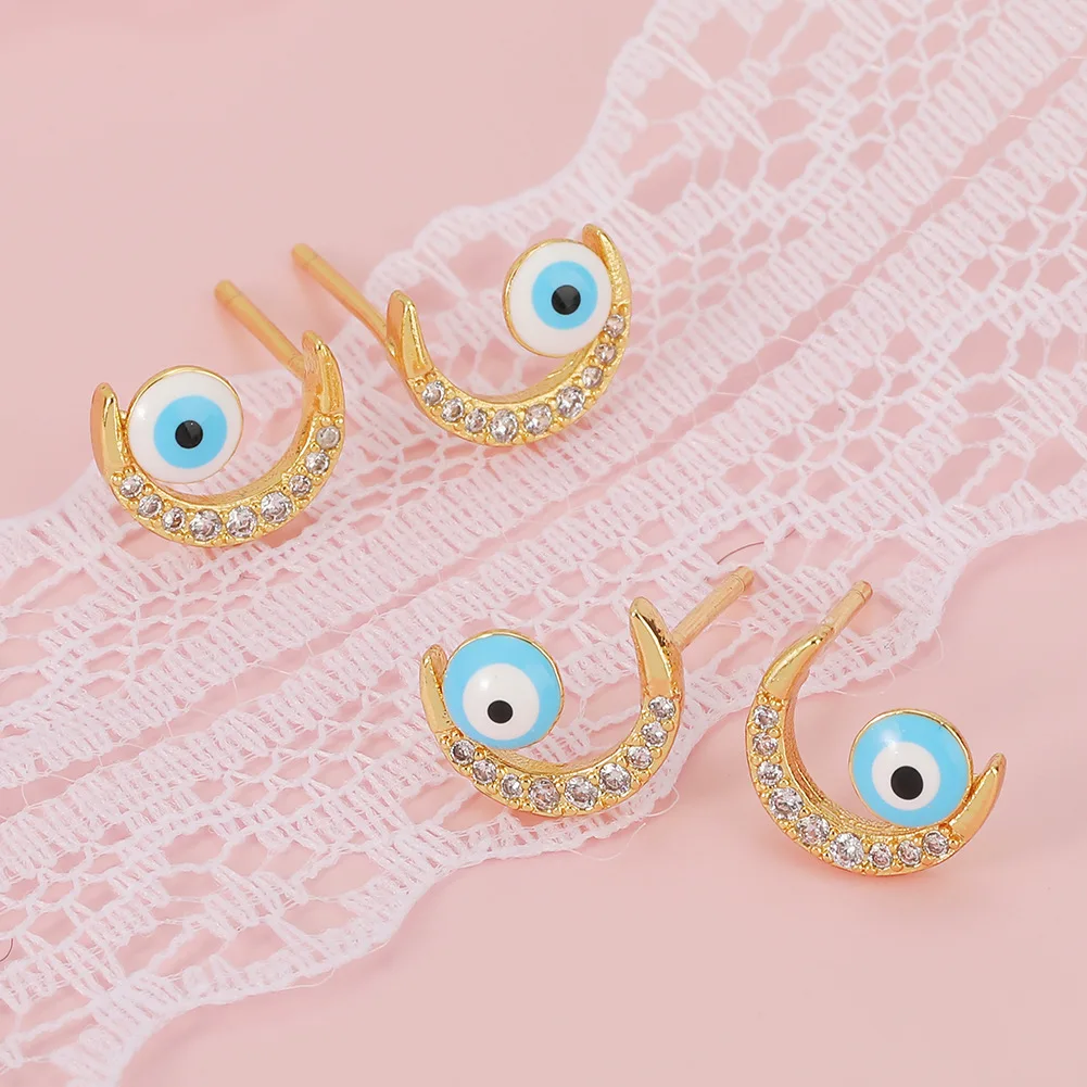 

Summer High Quality Copper Micro Set Jewelry Enamel Evil Eye Stud Earrings Moon Set Diamond Earrings Versatile Jewelry Gifts