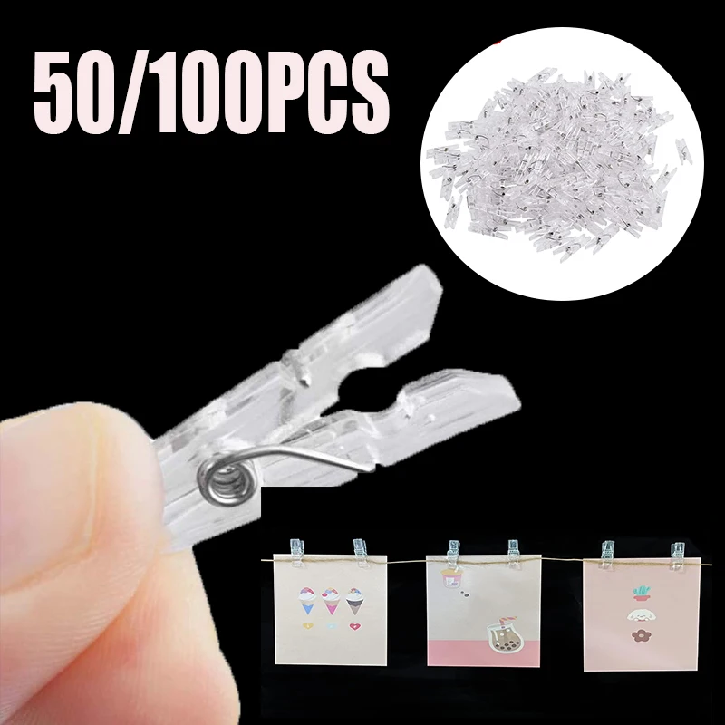 

50/100PCS Mini Photo Clips Transparent Spring Plastic Hanging Clip Pegs DIY Wedding Party Wall Home Decoration Photo Clamps