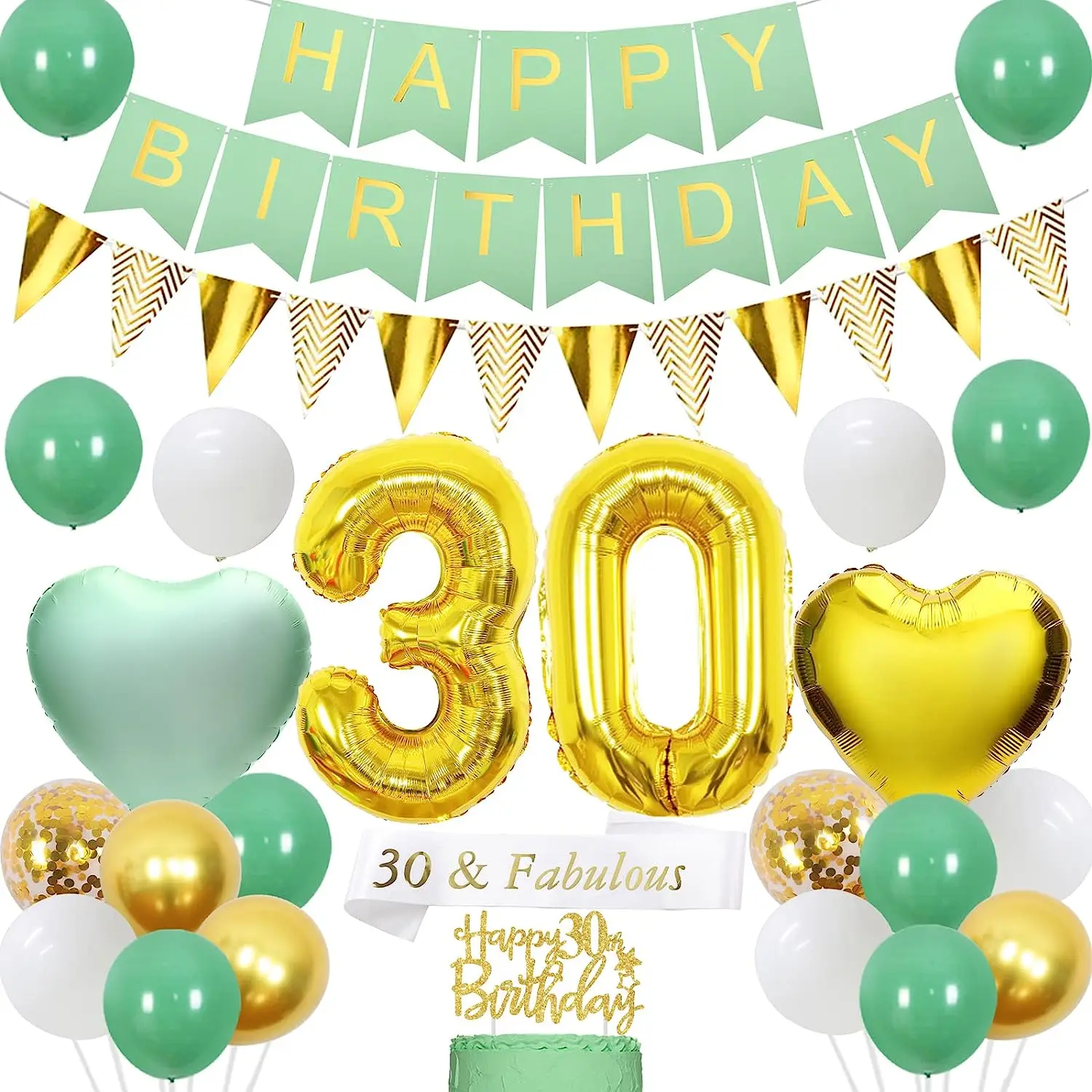 

Sage Green 30th Birthday Decorations Gold Triangle Flag Banner Cake Topper Balloons for Women Men 30 Year Old Birthday Supplies