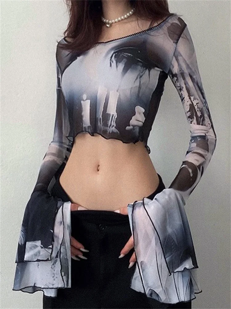Женский сетчатый топ с принтом готический укороченный расклешенным рукавом